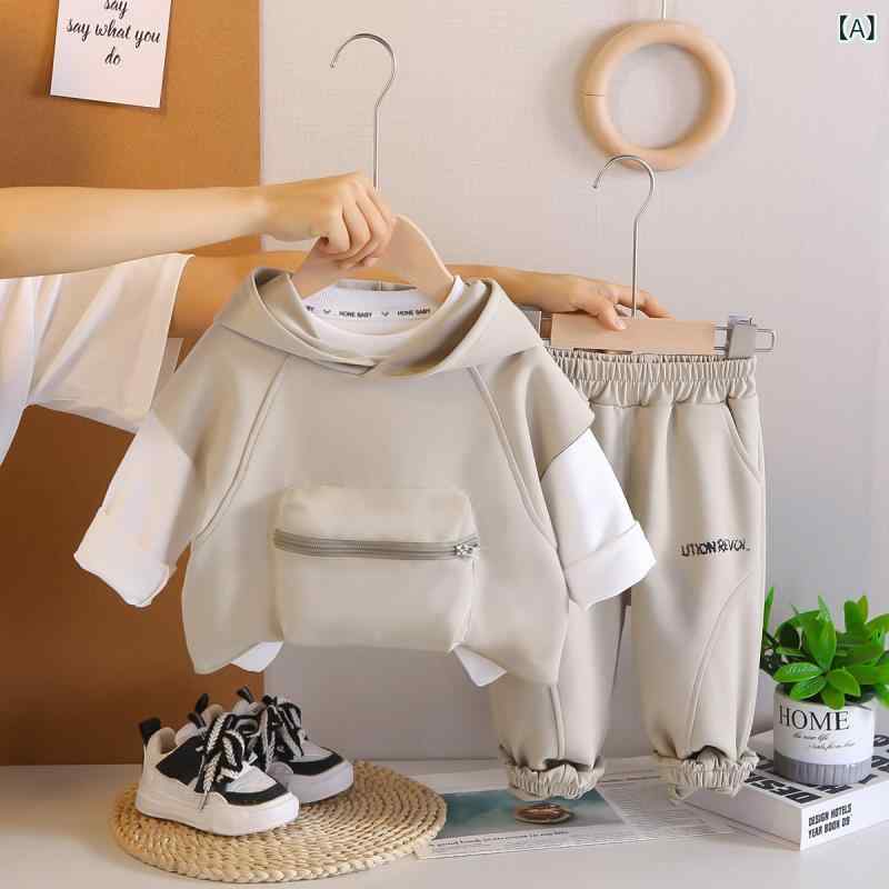 セットアップ 男の子 キッズ 春秋 フードベスト ジレ 長袖Tシャツ ロングパンツ 3点セット おしゃれ 切り替え ビッグポケット 無地 綿素材 柔らかな肌触り 普段使い お出かけ 通園通学 カジュアル ベージュ ブラック 韓国風
