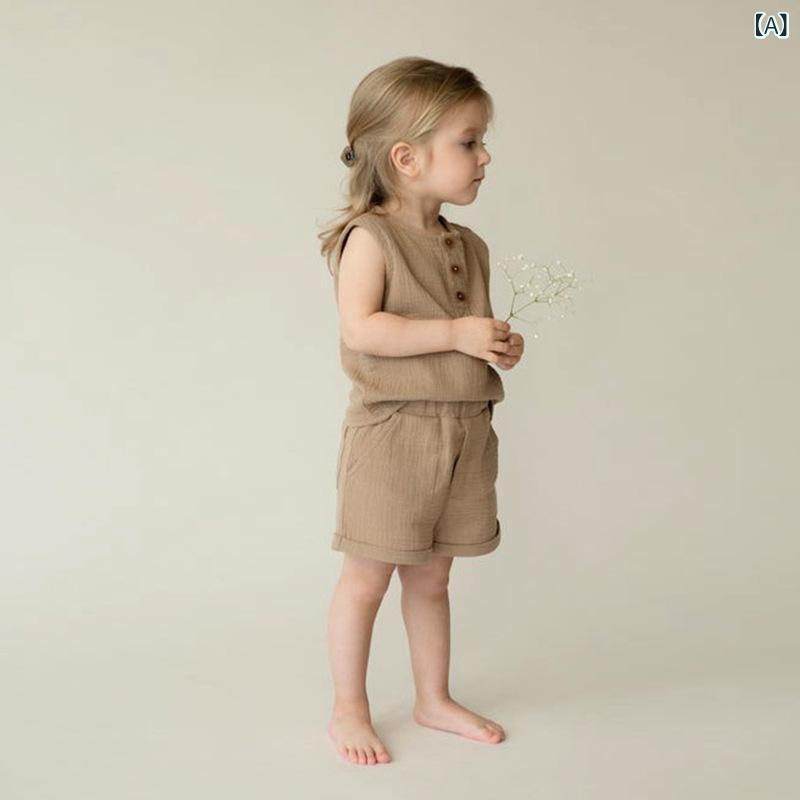 セットアップ キッズ 女の子 綿 かわいい カジュアル ノースリーブ Tシャツ ゆったり ショートパンツ 夏物