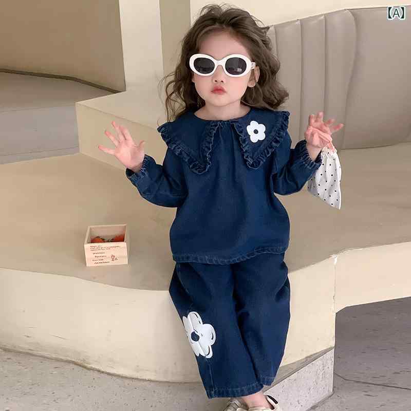 セットアップ 女の子 ベビー 子供服 春秋 デニム 長袖 長ズボン 柔らか素材 カジュアル 普段使い おしゃれ 韓国スタイル プルオーバー 2点セット 上下セット