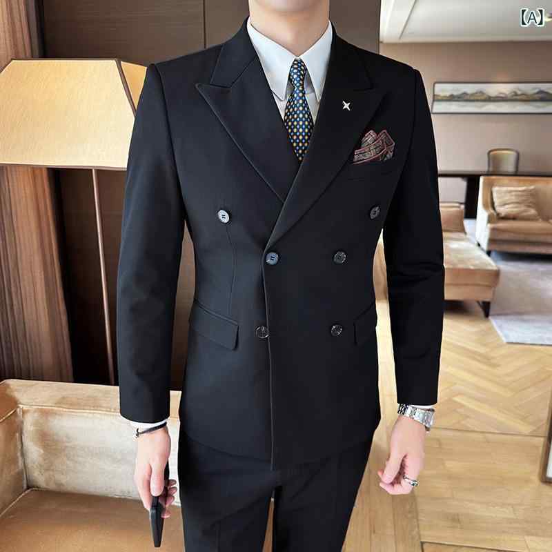 スーツ メンズ 男性用 スリーピース セットアップ ダブルブレスト 無地 ベーシック 定番 結婚式 披露宴 礼服 フォーマル ビジネス カジュアル 春夏 再生繊維