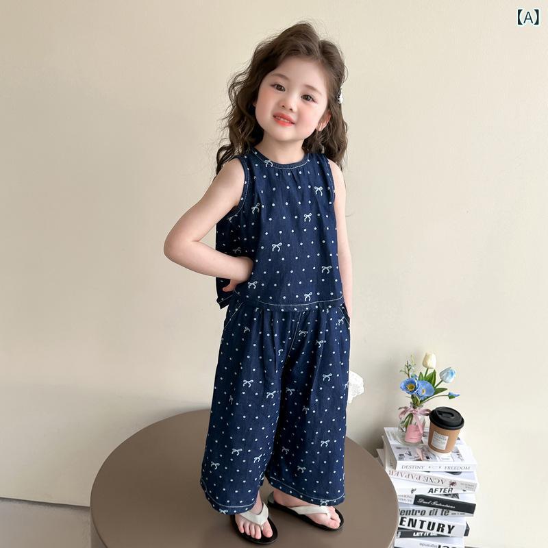キッズ 女の子 デニム セットアップ 上下セット リボン ノースリーブ 春夏 かわいい おしゃれ カジュアル 普段使い 綿混 コットン ダークブルー パンツセット