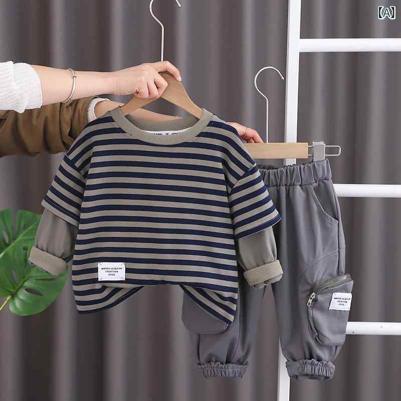 キッズ 男の子 パンツセットアップ 韓国風 スポーツウェア 長袖 ストライプ フェイクレイヤード ロゴ入り 春秋 綿素材 カジュアル 園児服 グレー ソフトタッチ
