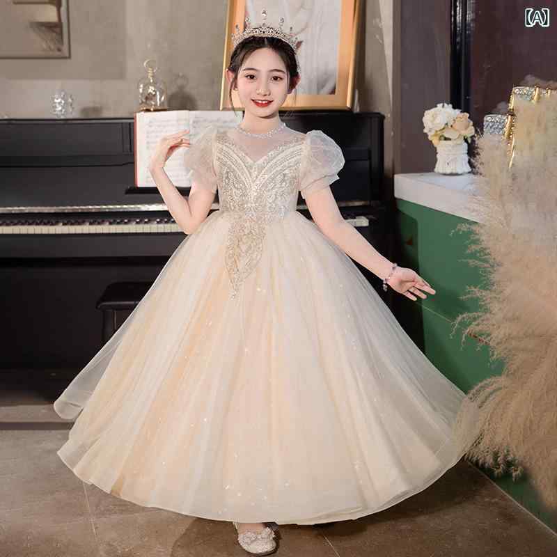 ドレス 女児 プリンセスドレス ロング丈 チュール ポリエステル 高級感 ライトラグジュアリー 結婚式 発表会 誕生日 パーティー 司会 セレモニー おしゃれ 上品 春夏