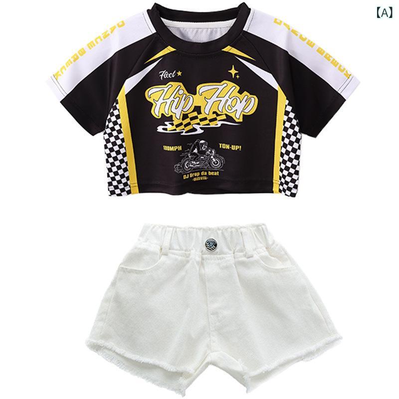 キッズ ガールズ JAZZダンス HIPHOP ストリートダンス 衣装 セットアップ 半袖 Tシャツ ショートパンツ 発表会 ステージ 夏服 ポリエステル プリント ウェア