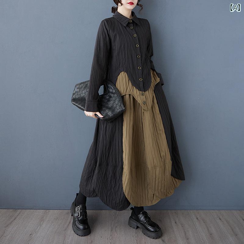 セットアップ レディース おしゃれ 個性的 デザイン性 カジュアル ゆったり アシンメトリーヘム シャツ ポロ襟 長袖 ペタルスリーブ ウエストゴム スカート ロング丈 コットン ブラック 春夏