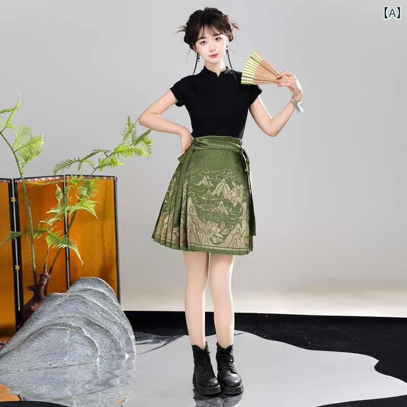 セットアップ レディース 女性用 ショート丈 馬面スカート 新中華風 チャイナ風 織金 植物柄 花柄 デイリー 普段使い 通勤 オフィス ウエストマーク 春夏 グリーン ブラック