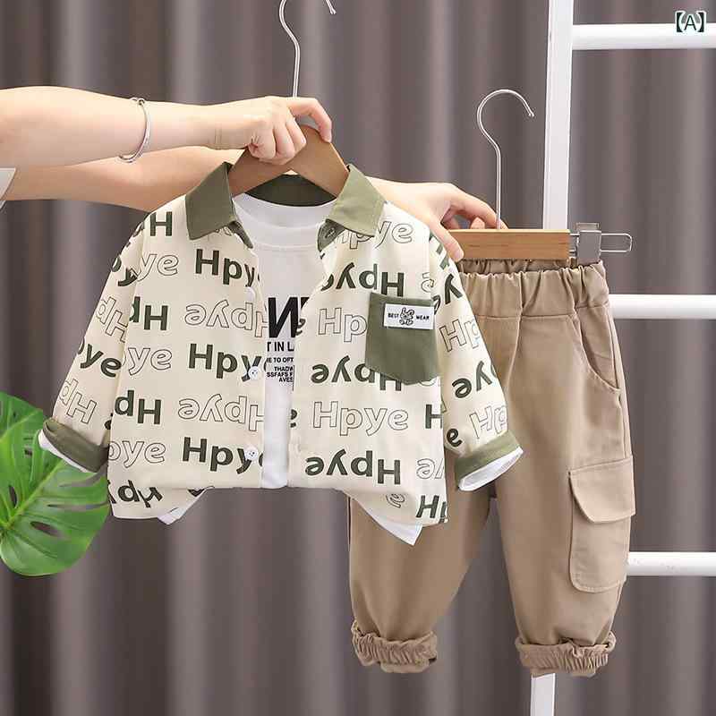 セットアップ 男の子 ベビー キッズ 子供服 長袖 ロングパンツ 3点セット スリーピース 綿 コットン ソフトタッチ 春秋 韓国風 おしゃれ 総柄 アルファベット柄 ストリート カジュアル グリーン カーキ