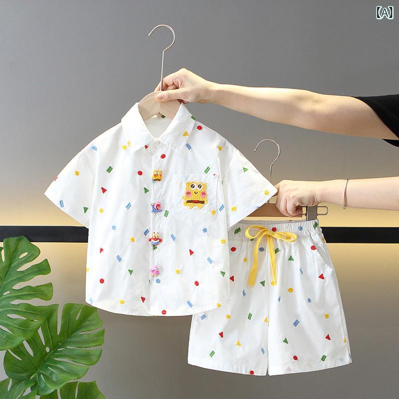 半袖シャツ ショートパンツ 半ズボン キッズ 男の子 セットアップ 春夏 上下セット キャラクター プリント 綿 薄手 柔らかい おしゃれ 普段使い お出かけ 通園通学 ホワイト 子供服 2点セット