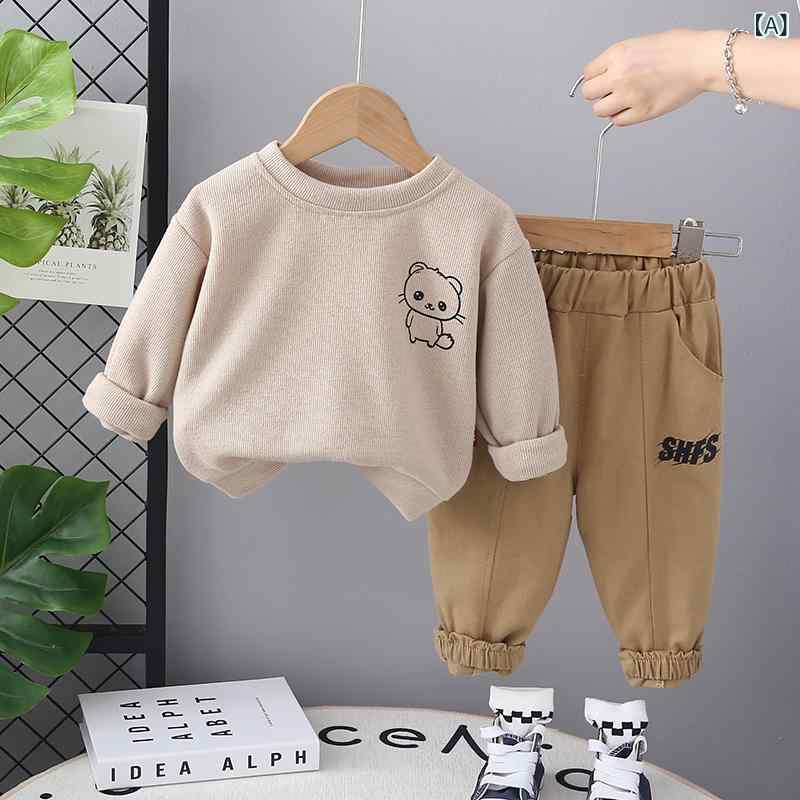 セットアップ ベビー キッズ 男の子 カジュアル スウェット トレーナー 長袖 クルーネック Tシャツ カットソー パンツ 綿 コットン 柔らかい ソフト 普段使い 部屋着 キャラクター柄 アルファベット柄 秋冬 ライトカーキ ベージュ