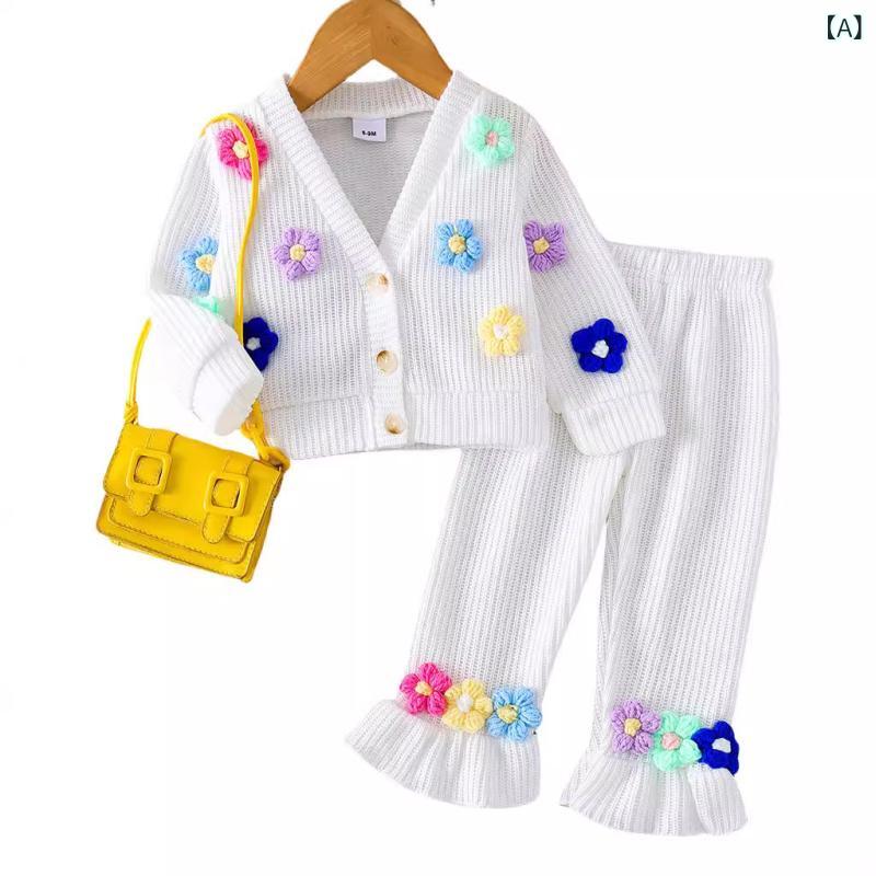 セットアップ もの言う花 御嬢さん 小わっぱ服 秋冬 編み物 Vのど首 花柄 長袖 ジレー ロングズボン下 綿 綿織物 2点書き割り 心地好い 普段使い走り 白