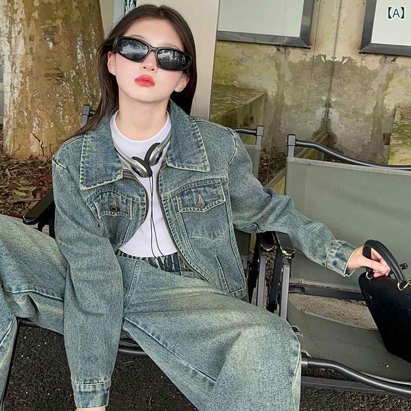 セットアップ 女の子 ガールズ キッズ ジュニア 春秋 カジュアル ストリート系 レトロ ワイドパンツ ジーンズ ジャケット アウター 2点セット 長袖