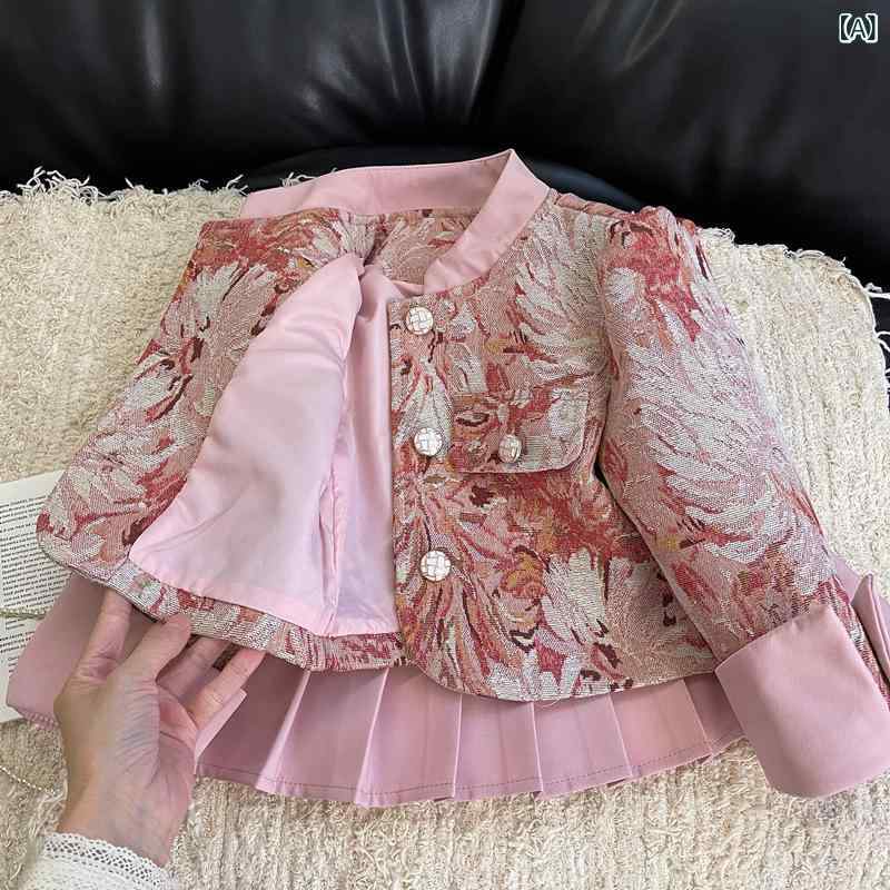 セットアップ 女の子 ガールズ 子供服 レトロ 油絵風 ジャガード織り 抽象柄 長袖 ジャケット プリーツスカート Aライン 上品 エレガント 2点セット お出かけ 普段使い 春秋