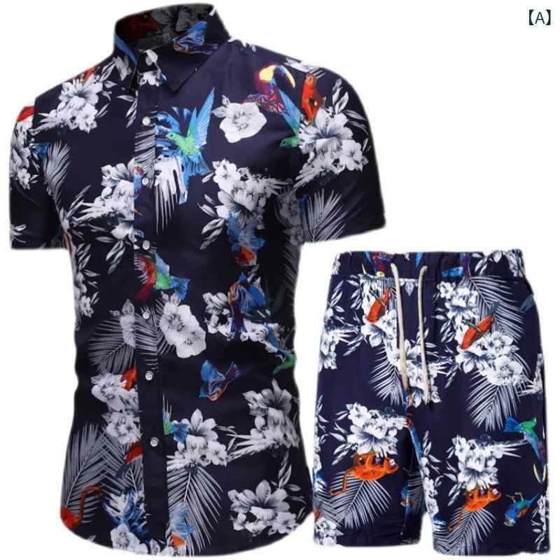 シャツ メンズ 男性用 半袖 襟付き 花柄 プリント 薄手 軽量 スリムフィット ビーチ リゾート 普段使い カジュアル 春夏物 綿 麻 コットン リネン 韓国風 セットアップ 上下セット 4,370円