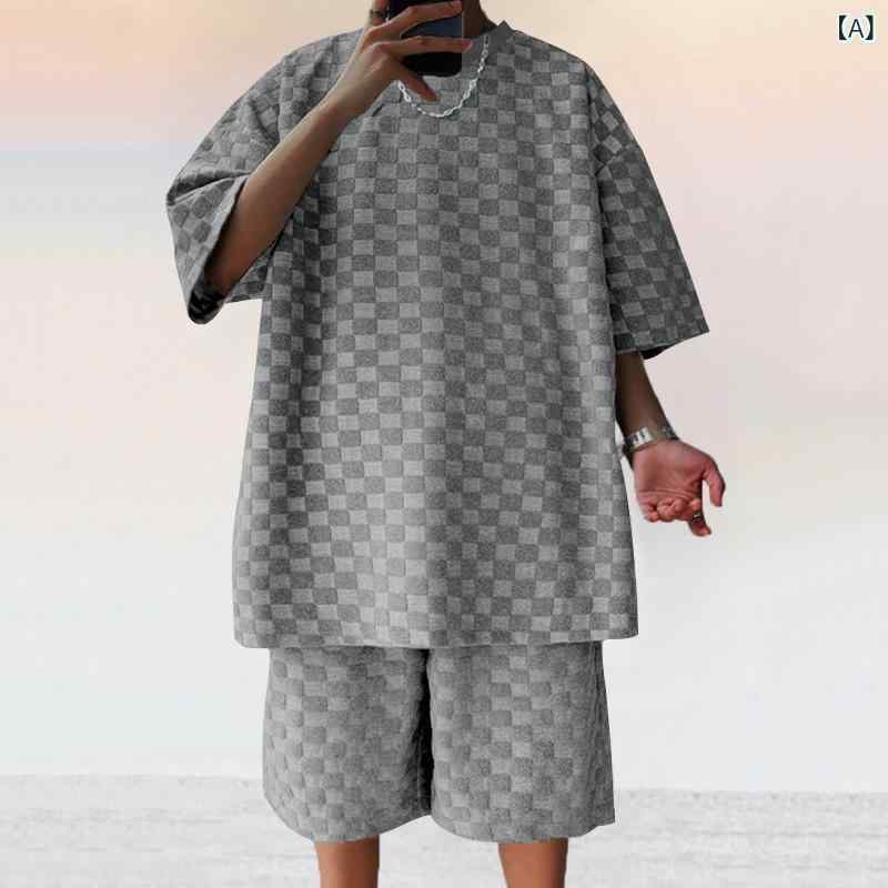 セットアップ メンズ 男性用 春夏 ジャカード チェック柄 半袖 Tシャツ トップス ゆったり リラックス ビッグシルエット 大きいサイズ ストレート ショートパンツ 半ズボン カジュアル スポーツウェア 普段使い 上下セット