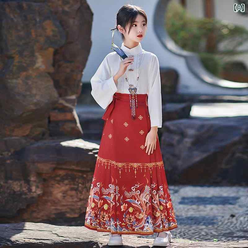 キッズセットアップ 女の子 女児 中国風 民族衣装 唐装 漢服 チャイナドレス 長袖 馬面スカート ストライプ柄 ポリエステル アンサンブル 春秋 普段使い お出かけ イベント 発表会 かわいい