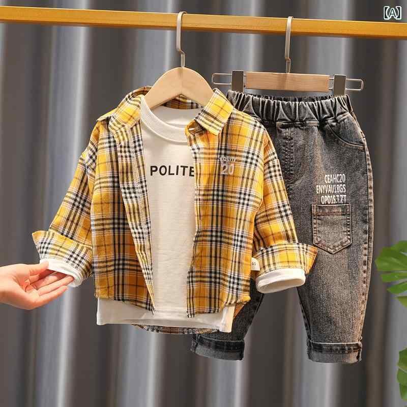 セットアップ 男の子 ベビー キッズ 3点セット 春秋 チェック柄 シャツ 長袖 長ズボン 韓国風 綿 コットン 普段着 通園 お出かけ カジュアル イエロー グリーン ベージュ