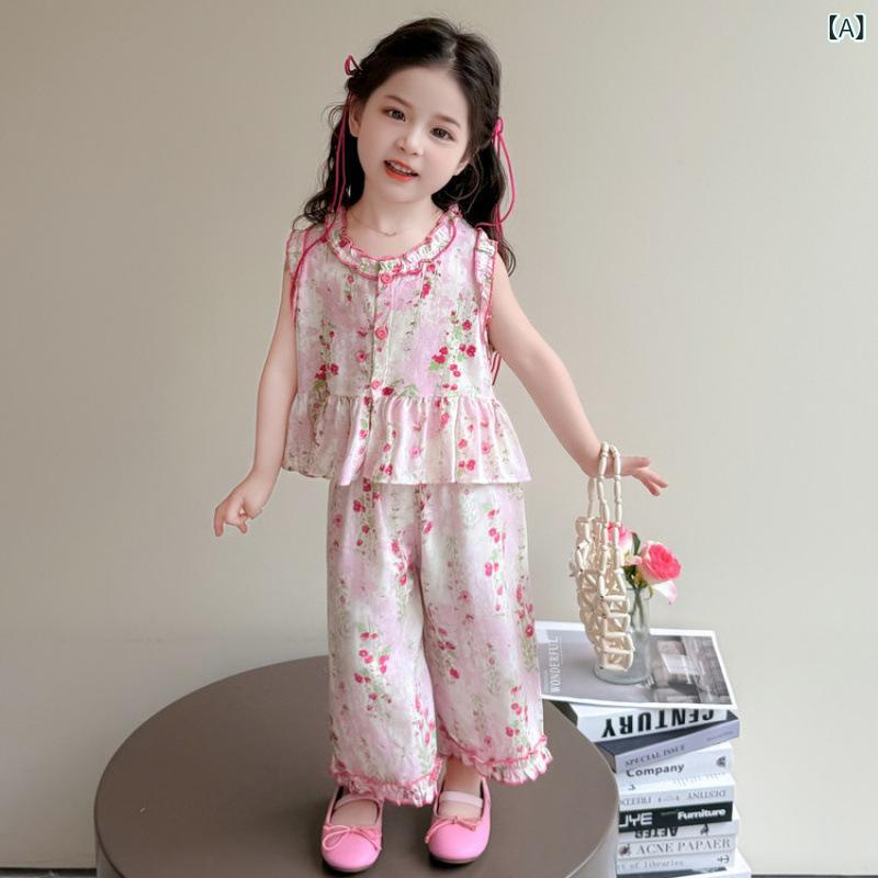 キッズ セットアップ 女の子 ガールズ ベビー ノースリーブ トップス パンツ 2点セット 薄手 綿ちりめん 小花柄 夏 サマー ピンク かわいい 韓国風 オルチャン 普段着 お出かけ