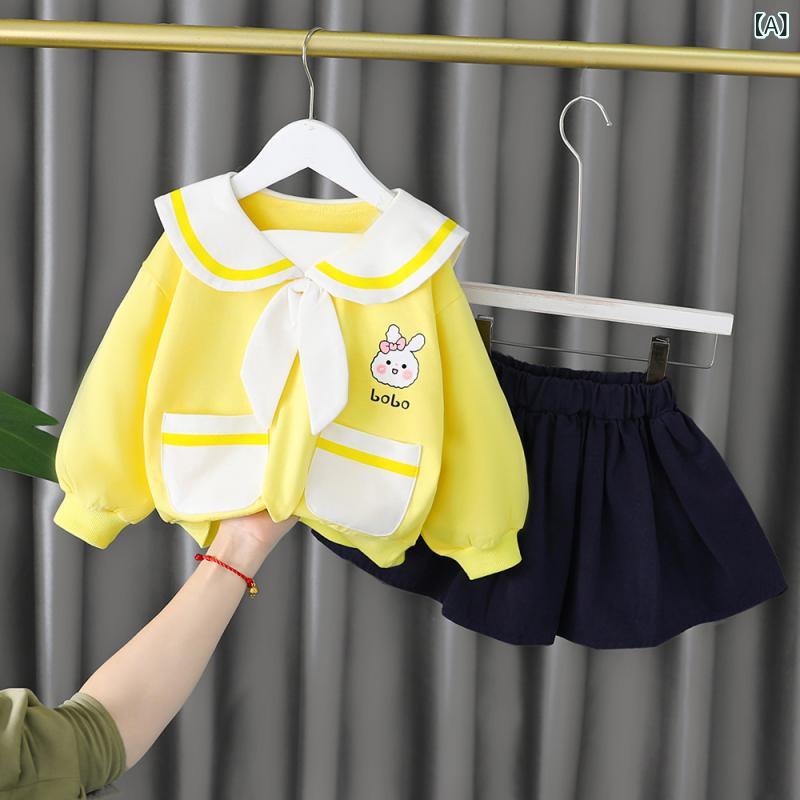 キッズ 女の子 ベビー セットアップ 2点セット 春秋 スクール風 カレッジ風 韓国風 長袖 トップス ロングパンツ 綿 コットン 通園 普段着 お出かけ