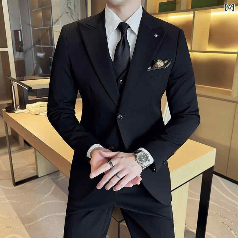 スーツ 男性用 スリーピース セットアップ スリムフィット ピークドラペル シングルブレスト 結婚式 新郎 礼服 フォーマル ビジネス イージーケア 無地 オールシーズン ポリエステル混紡 ブラック グレー ネイビー