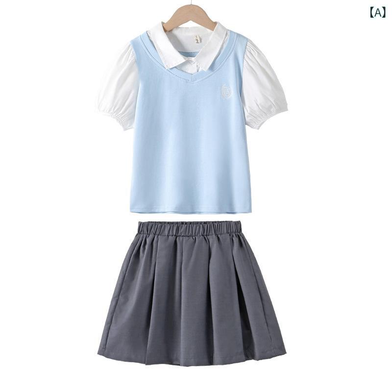 セットアップ 女の子 女児 JK風 学院風 フェイクレイヤード ブラウス スカート 夏 カジュアル レタープリント 綿 ライトブルー ツーピース 普段着 通学