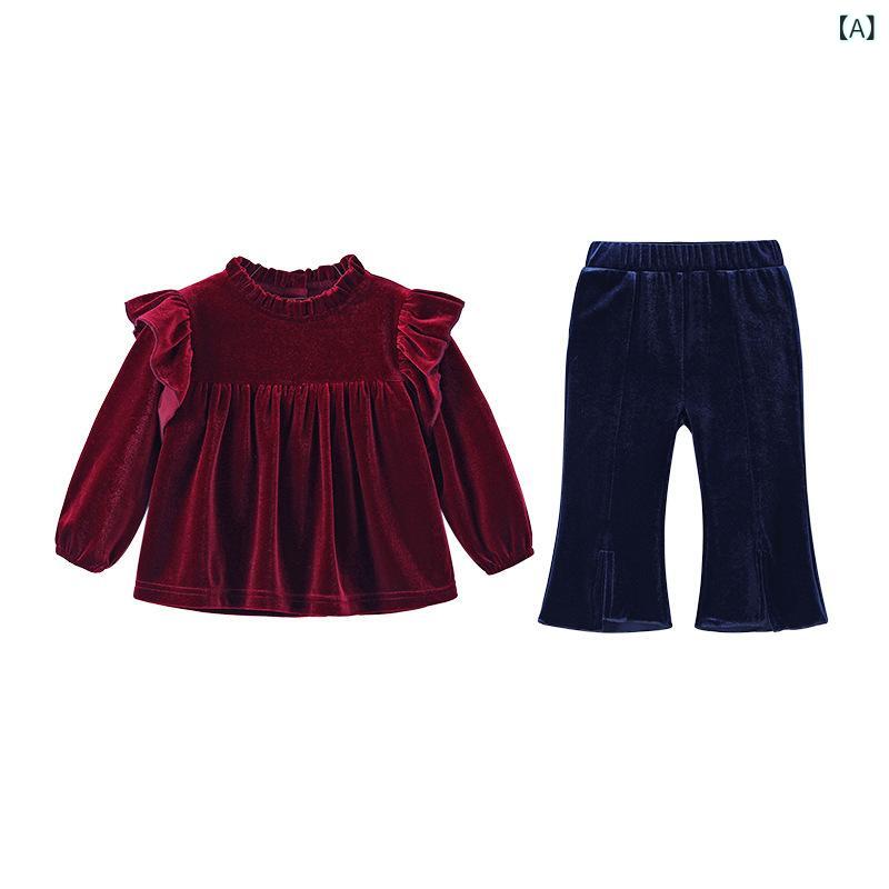 子供服 女の子 プリンセス風 レトロ ワインレッド フリル 長袖 ロングパンツ セットアップ ツーピース 幼児向け やわらか ベロア お出かけ 普段使い 秋物