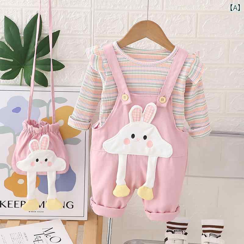 セットアップ ベビー 女の子 うさぎモチーフ サロペット 長袖トップス 韓国風 おしゃれ かわいい 春秋 2点セット お出かけ 普段使い コットン 柔らか素材 ロングパンツ