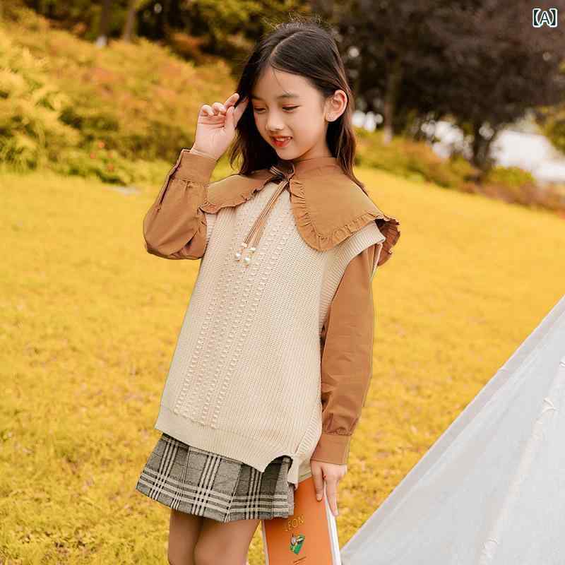 セットアップ ガールズ キッズ ジュニア 春秋冬 韓国風 オルチャンスタイル シャツ ニット 2点セット 長袖 綿 コットン やわらか素材 プルオーバー かわいい レース リボン プリンセス ベージュ ブラウン