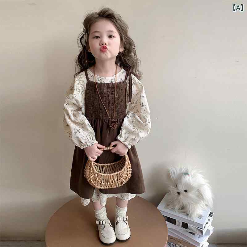セットアップ 女の子 キッズ 春秋 長袖 ワンピース 韓国風 森ガール風 プリンセス かわいい おしゃれ お出かけ 普段使い 通園 ブラウン系 ポリエステル綿混