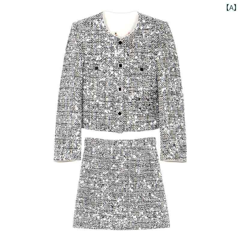 セットアップ レディース 女性用 春夏 お嬢様風 高級感 上品 エレガント きれいめ ツイード スパンコール ラメ シルバー グレー ジャケット アウター ミニスカート ショート丈 ポリエステル 通勤 オフィス パーティー お呼ばれ｜ラ・グラーヌ