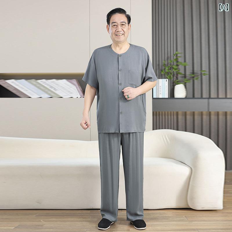 パジャマ メンズ シニア 男性用 ルームウェア セットアップ 半袖 開襟シャツ ロングパンツ レーヨン 薄手 無地 カジュアル 普段使い アウトドア 夏