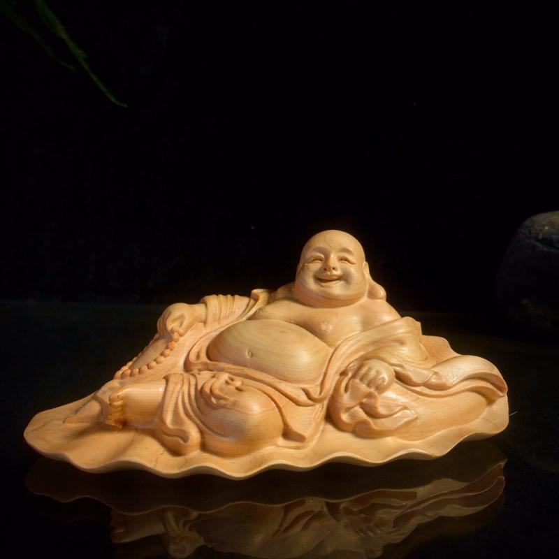 仏像 崖柏 無垢材 木彫り 弥勒菩薩 布袋尊 七福神 蓮の葉 本を持つ 大腹 開運 縁起物 風水 置物 リビング 玄関 車載 カーアクセサリー オブジェ