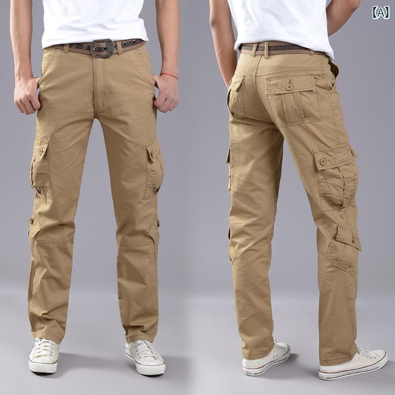カーゴパンツ メンズ 男性用 多ポケット ストレート カジュアル アウトドア スポーツ ワーク ミリタリー ロング丈 ゆったり 大きいサイズ 綿 コットン イージーケア ジップフライ カーキ ブラック ミリタリーグリーン コーヒーブラウン