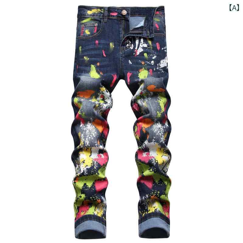 デニムパンツ メンズ 欧米風 オリジナルデザイン ストレッチ 伸縮性 スキニー ストリートファッション グラフィティ柄 デジタルプリント 個性的 綿混 コットンブレンド ダークブルー