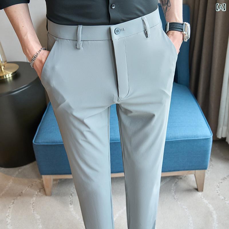 パンツ メンズ 男性用 春夏 ナイロン混紡 接触冷感 高伸縮 ストレッチ 速乾 軽量 スリムフィット テーパード 細身 無地 カジュアル 普段使い ビジネスカジュアル スラックス ボトムス 長ズボン