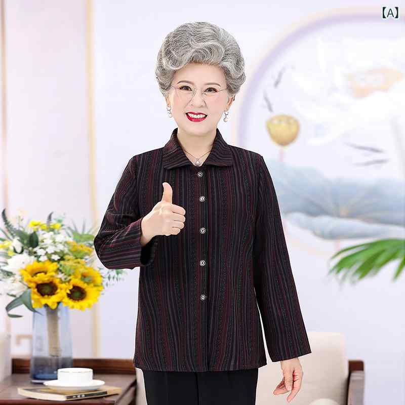 シャツ ブラウス レディース シニア 70代 80代 春秋 厚手 ストライプ柄 ポリエステル ゆったり 開襟 長袖 ジャケット風 上品