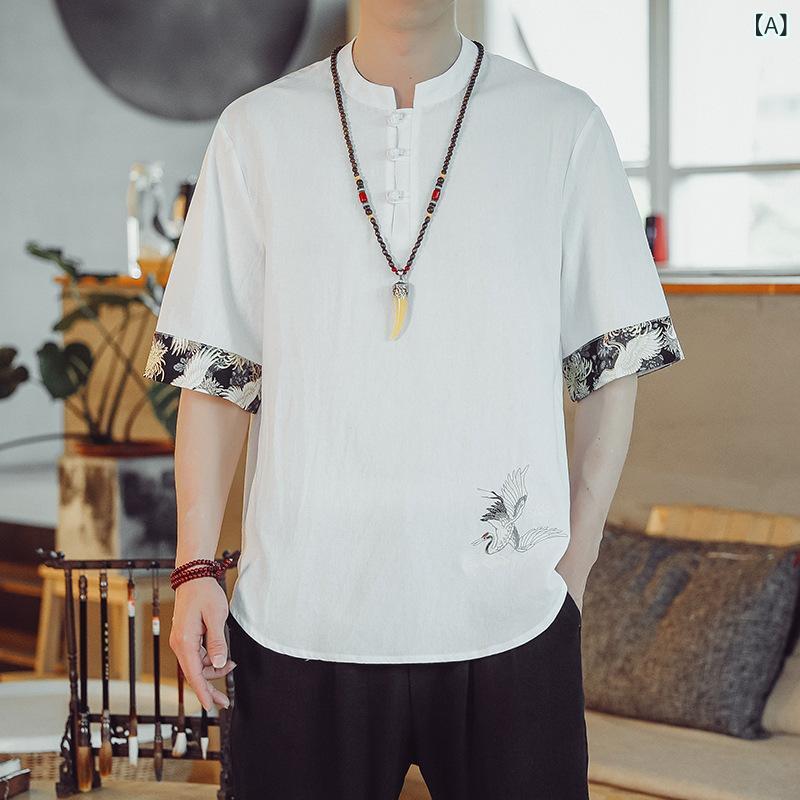 Tシャツ メンズ 春夏 トップス カットソー 民族風 エスニック レトロ ヴィンテージ 刺繍 麻混 リネンブレンド 薄手 軽量 半袖 ゆったり ルーズフィット ビッグシルエット 大きいサイズ 普段使い カジュアル