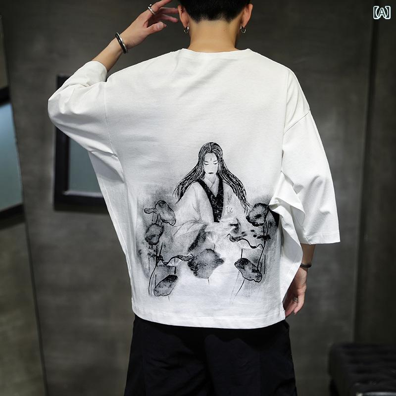 Tシャツ メンズ 中国風 レトロ クラシック ゆったり オーバーサイズ 五分袖 コウモリ袖 プリント クルーネック プルオーバー 綿混 トップス 春夏 ストリート カジュアル 日常使い