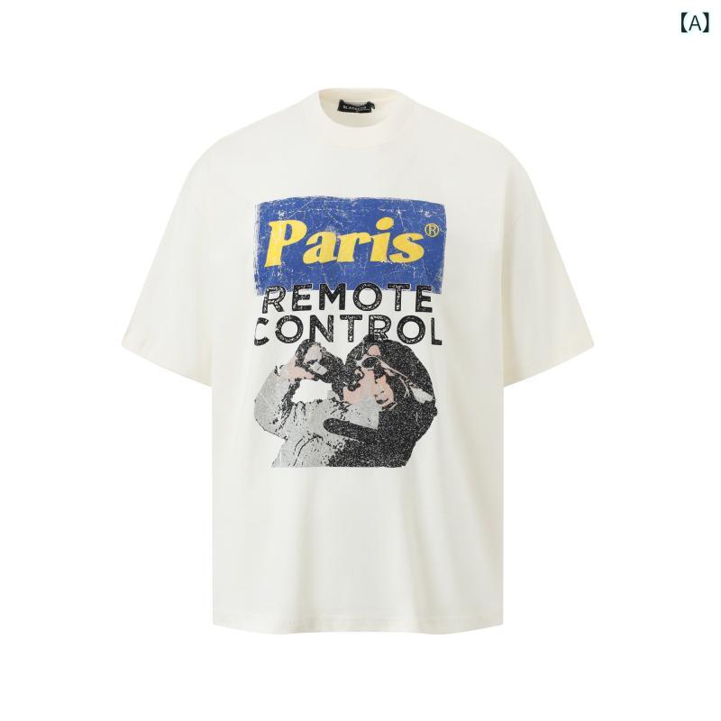 Tシャツ メンズ アメリカンレトロ プリント 半袖 ゆったり ルーズフィット 綿 コットン クルーネック ドロップショルダー 通気性 吸汗速乾 カップル 春夏 普段使い クリーム アプリコット