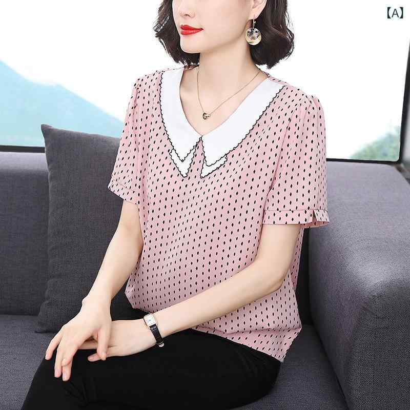Tシャツ ミセス 40代 50代 女性用 半袖 フリル襟 ドット柄 ゆったり オーバーサイズ 体型カバー シフォン ポリエステル きれいめ カジュアル 春夏 ピンク トップス