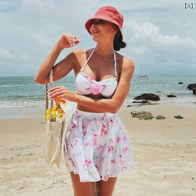 水着 レディース 欧米風 プリント柄 スリーピース ビキニ ミニスカート セクシー スイムウェア ビーチ リゾート 温泉 カップ付き ワイヤーなし 速乾 ポリエステル素材 春夏