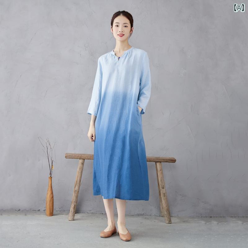 衣装 レディース 気が大きい大きさ 春夏 麻 リネン 御前上等 はたご屋界面 藍染め 吊り染め グラデーション 七分袖 Vのど首 ゆったり A生産ライン ミモレ丈 レトロ 自然的 点火装置青色 体型押しかぶせる デイリー たまり場
