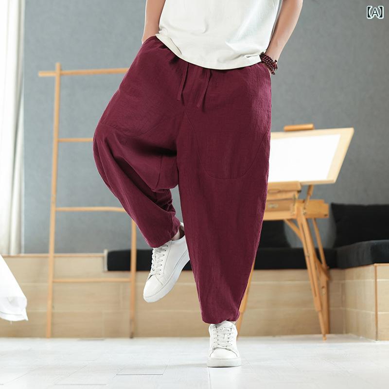 パンツ メンズ 春夏 薄手 通気性 麻 綿麻 ゆったり ストレート ルーズフィット ロング丈 イージーパンツ ボトムス カジュアル リラックス 快適 ブラック ネイビー ワインレッド