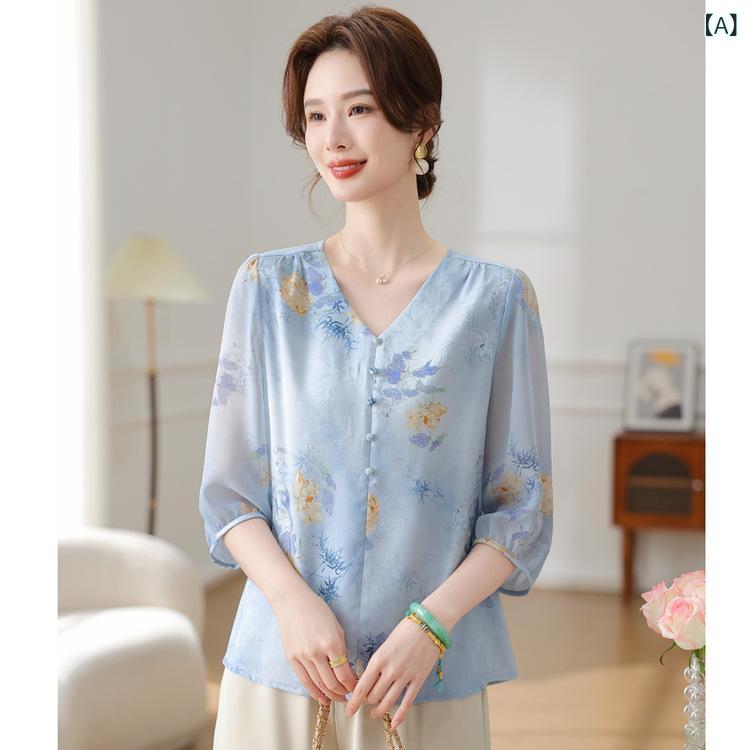 Tシャツ ミセス 女性用 中高年 春夏 和風テイスト 刺しゅう 花柄 ゆったり Vネック 半袖 体型カバー お腹周りカバー ポリエステル デイリーユース 普段使い 通勤 オフィス 上品 エレガント カジュアル トップス