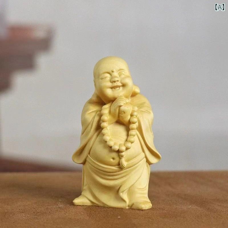 置物 ツゲの木 黄楊木 無垢材 木彫り 弥勒菩薩像 仏像 掌中彫刻 手のひらサイズ 笑顔 満面の笑み 和風 インテリア リビング 飾り オブジェ 開運 招福 縁起物