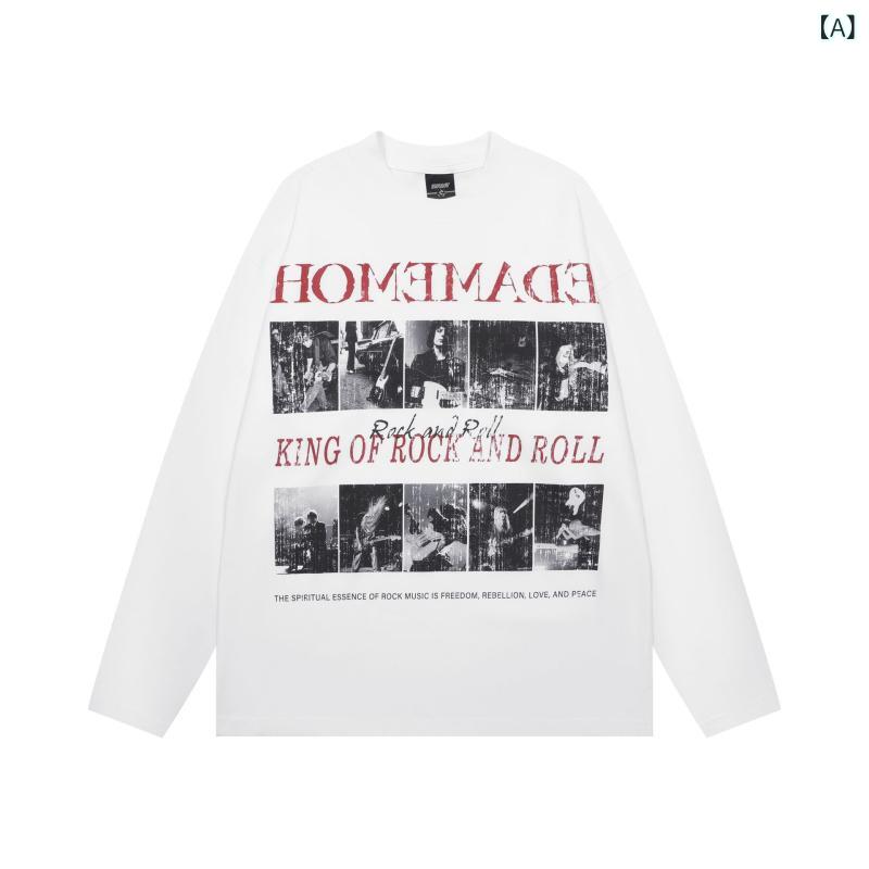 Tシャツ メンズ アメリカンストリート ウォッシュ加工 ピグメントダイ ルーズフィット 長袖 純綿 クルーネック 人物プリント 通気性 吸湿速乾 春秋 デイリーユース ホワイト ブラック