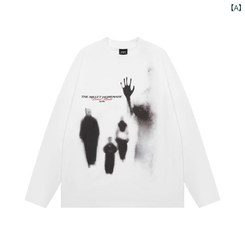 Tシャツ 男性用 ストリートカジュアル ヒップホップ クルーネック 綿 ウォッシュ加工 抽象人物 グラフィックプリント 長袖 ビッグシルエット 吸湿速乾 普段着 春秋