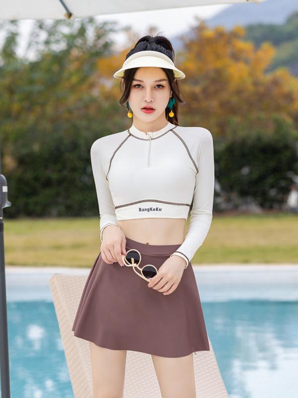 水着 レディース 韓国風 セパレート スカート 体型カバー 小胸向け バストアップ 胸パッド付き ノンワイヤー 長袖 ボクサーパンツ 露出控えめ ハイウエスト ナイロン素材 春夏 ビーチ プール リゾート UV対策