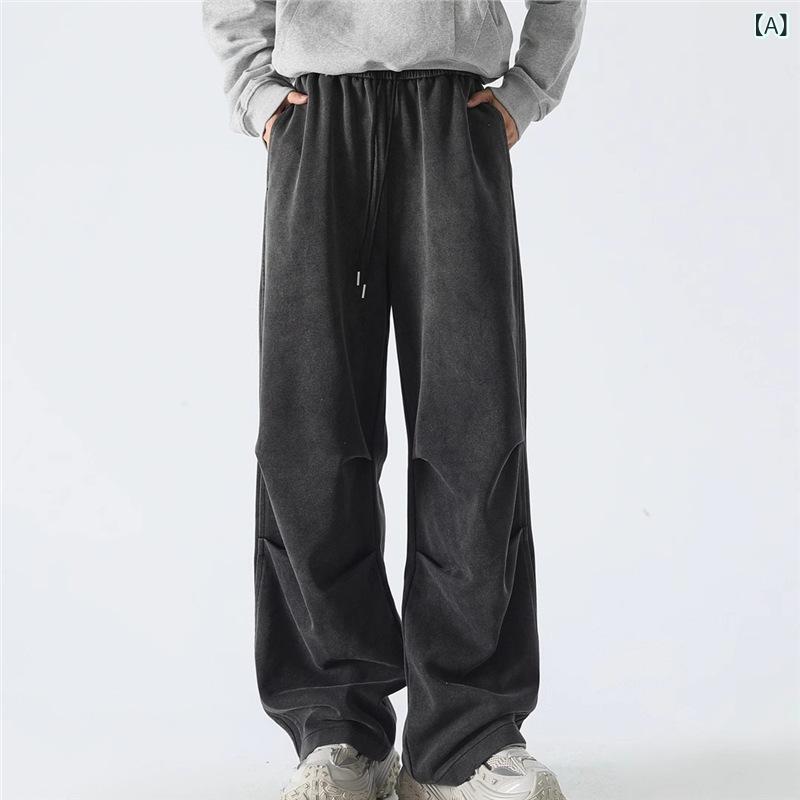 スウェットパンツ メンズ アメカジ ウォッシュ加工 ルーズフィット ワイドストレート 丈長 ポリエステル ブラック 微ストレッチ 耐摩耗性 普段使い ストリートファッション