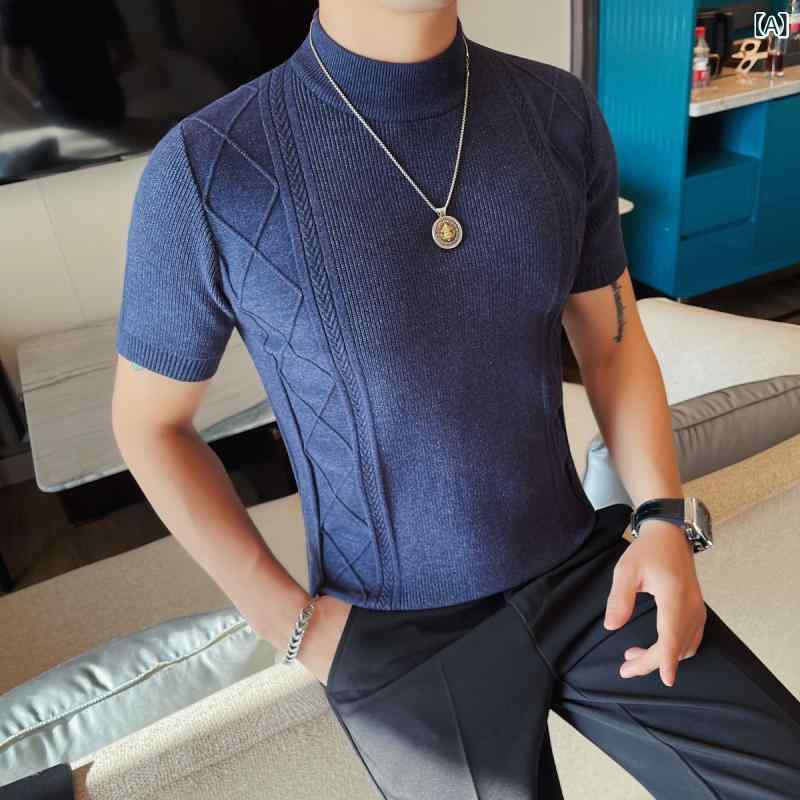 Tシャツ メンズ 半袖 ニット ジャカード モックネック スリムフィット タイト カットソー ポリエステル 通気性 デイリーユース 普段使い 春秋 ブルー ブラウン ブラック ホワイト
