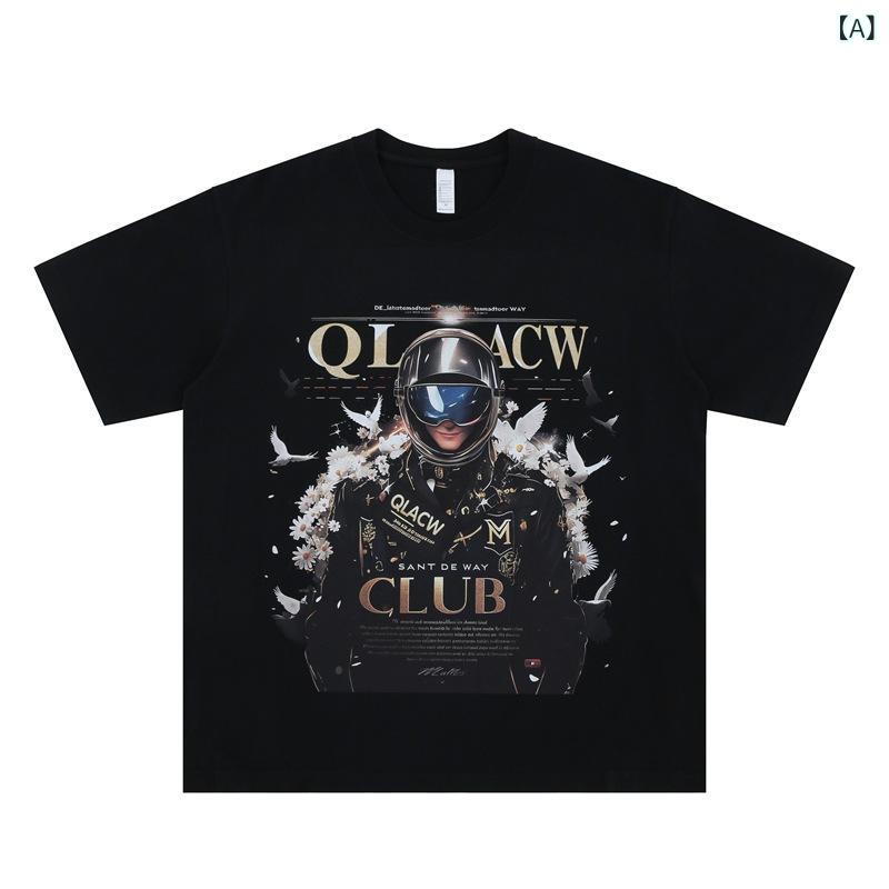 Tシャツ ユニセックス アメカジ ハイストリート 未来戦士 グラフィックプリント 綿 ドロップショルダー ルーズフィット ビッグシルエット ゆったり クルーネック 半袖 春夏 カジュアル 普段使い ブラック ホワイト